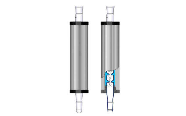 Findenser and cross section showing glass inner and heat transfer liquid. Alternative to water condensers for sustainability.