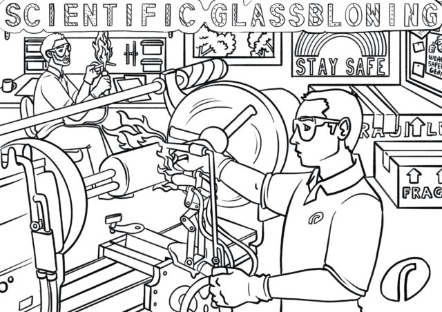 Big kids colouring page - Glassblowing scene