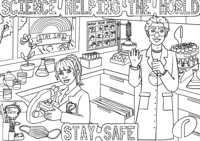 Big kids colouring page - Laboratory scene