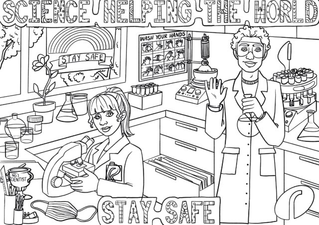 Big kids colouring page - Laboratory scene