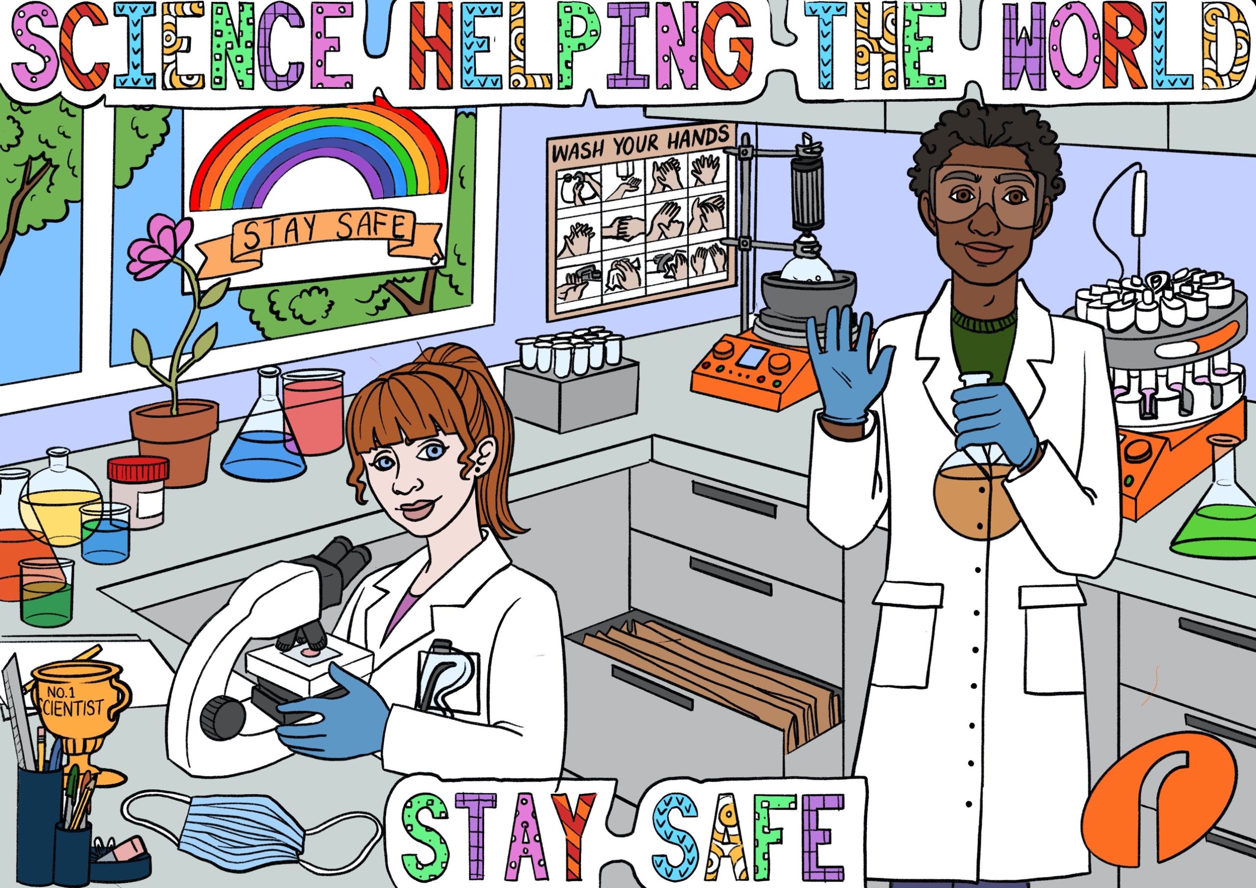 Adults colouring template - Laboratory scene