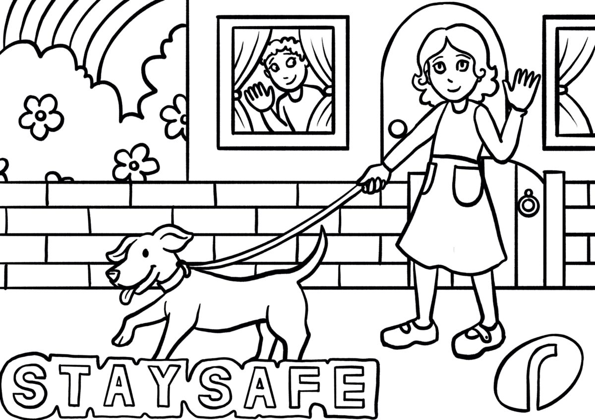 Download Little kids colouring page - Dog walking scene - Radleys